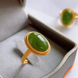 Nuoro anel vintage de pedra jade, grande anel com pedra de jade para mulheres, oval, jasper, anéis, cor dourada, ajustável, anel de jade