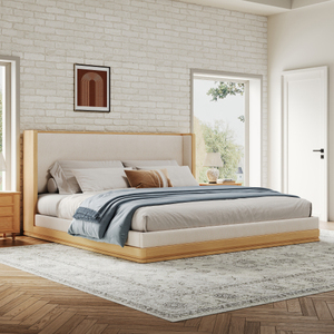 Lit plateforme moderne en bois et beige, réglable, avec cadre en bois massif et pieds en bois, tissu chenille, taille King/<span class=keywords><strong>Queen</strong></span> - Product Image 1