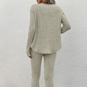 W4182 autunno abito Casual da donna in maglia tinta unita abito da casa a manica lunga a maniche lunghe pantaloni donna maglione Slim Set due pezzi - Product Image 4