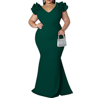 Robe de soirée sirène élégante pour femmes grandes tailles, col en V, manches bouffantes, ajustée |   Robe de demoiselle d'honneur élégante pour banquet et fête