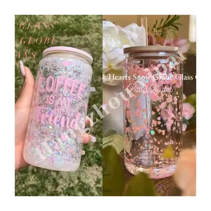 12oz 16oz pré-percé blanc sublimation double paroi verre peut neige globe verre peut avec couvercle en bambou adapté pour le vinyle