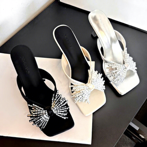Women Square Toe Thong Slide Mules Rhinestone Tassel Decor Flared <b>Heel</b> Slip On Summer Sandals - Product Image 1