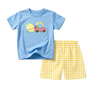 Ensemble de shorts pour enfants personnalisé avec appliques de voitures, tenue de boutique pour tout-petits, vêtements smockés pour garçons, décontracté, 100% coton, printemps-été - Product Image 2