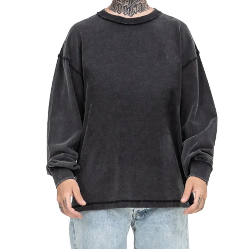 Sweatshirt cuci batu antik Sweatshirt leher kru cuci asam Distressed Terry Prancis bulu domba