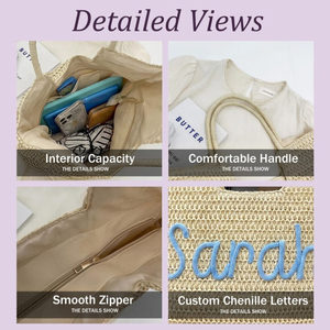 Sac de plage personnalisé en paille, cadeaux pour enterrement de vie de jeune fille, sac de piscine personnalisé en chenille avec nom pour voyage entre filles, sacs de vacances d'été - Product Image 5