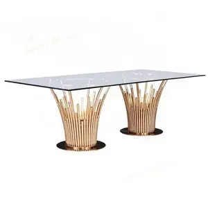 Custom made Stainless steel base glass top rectangle wedding dining table