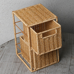 Faux Rattan Woven Desktop <b>Drawer</b> Organizer 2 <b>Drawers</b> Light Brown Cosmetic <b>Storage</b> Box Makeup Organizers - Product Image 4