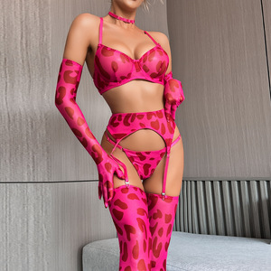 Leopardenmuster Dessous Erotisches Unterwäsche-Set Damen 3-Teiliges Mesh Patchwork Ausgefallenes Abendkleid Reizwäsche-Set Slip Strumpfband-Set - Product Image 3