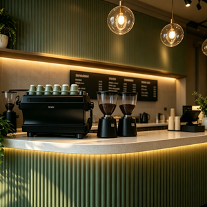 Café chaleureux avec comptoir vert côtelé, vitrine à pâtisseries, éclairage sur rail et plantes luxuriantes. - Product Image 4
