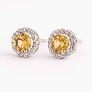 ต่างหูเงินแท้ชุบโรเดียมประดับพลอยซิทรินทรงกลม ประดับเพชร CZ รูปทรงวงแหวน สำหรับงานปาร์ตี้และโอกาสต่างๆ - Product Image 5