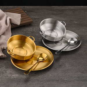 Juego de tazones de acero inoxidable con doble asa, dorados y plateados, pequeños, para postre, sopa, con cuchara, para fiestas, hoteles, café y té. - Product Image 1