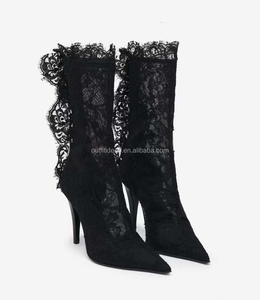 Chaussures à talons aiguilles de 105 mm à bout pointu, chaussures délicates en dentelle pour filles, semelle en cuir haute, fermeture éclair à l'arrière, bottes en dentelle noire - Product Image 3