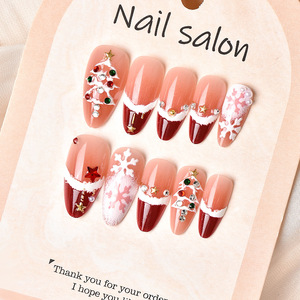 24 faux ongles de Noël en amande à presser, couleur blush, avec sapin de Noël 3D français et étoiles incrustées à la main, pour une manucure festive - Product Image 4