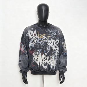 OEM kustom bordir 100% katun 380Gsm antik asam dicuci kotak dipotong tepi mentah manset Hems Sweatshirt Hoodies tanpa Hoody - Product Image 2