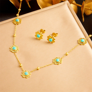 Flower Gold Plated Turquoise Necklace Earring <b>Bracelet</b> <b>Set</b> Stainless Steel Party Jewelry <b>Set</b> - Product Image 2