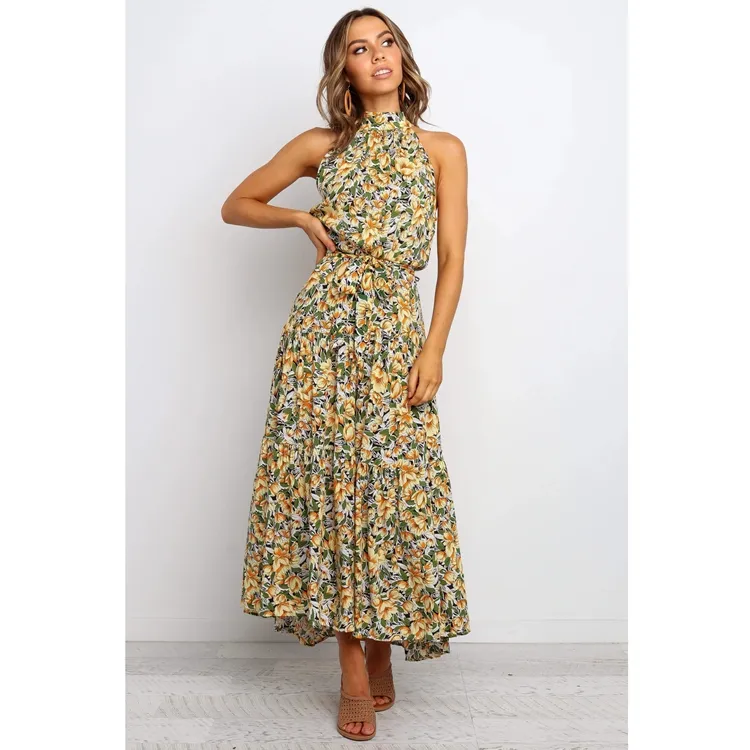 OEM Tùy Chỉnh Thời Trang Lady Quần Áo Mùa Hè Bán Buôn In Voan Boho Maxi Floral Dresses Phụ Nữ