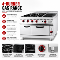 Cuisinière à gaz commerciale 4 brûleurs avec gril à pierres de lave et four, équipement de cuisine professionnel en acier inoxydable