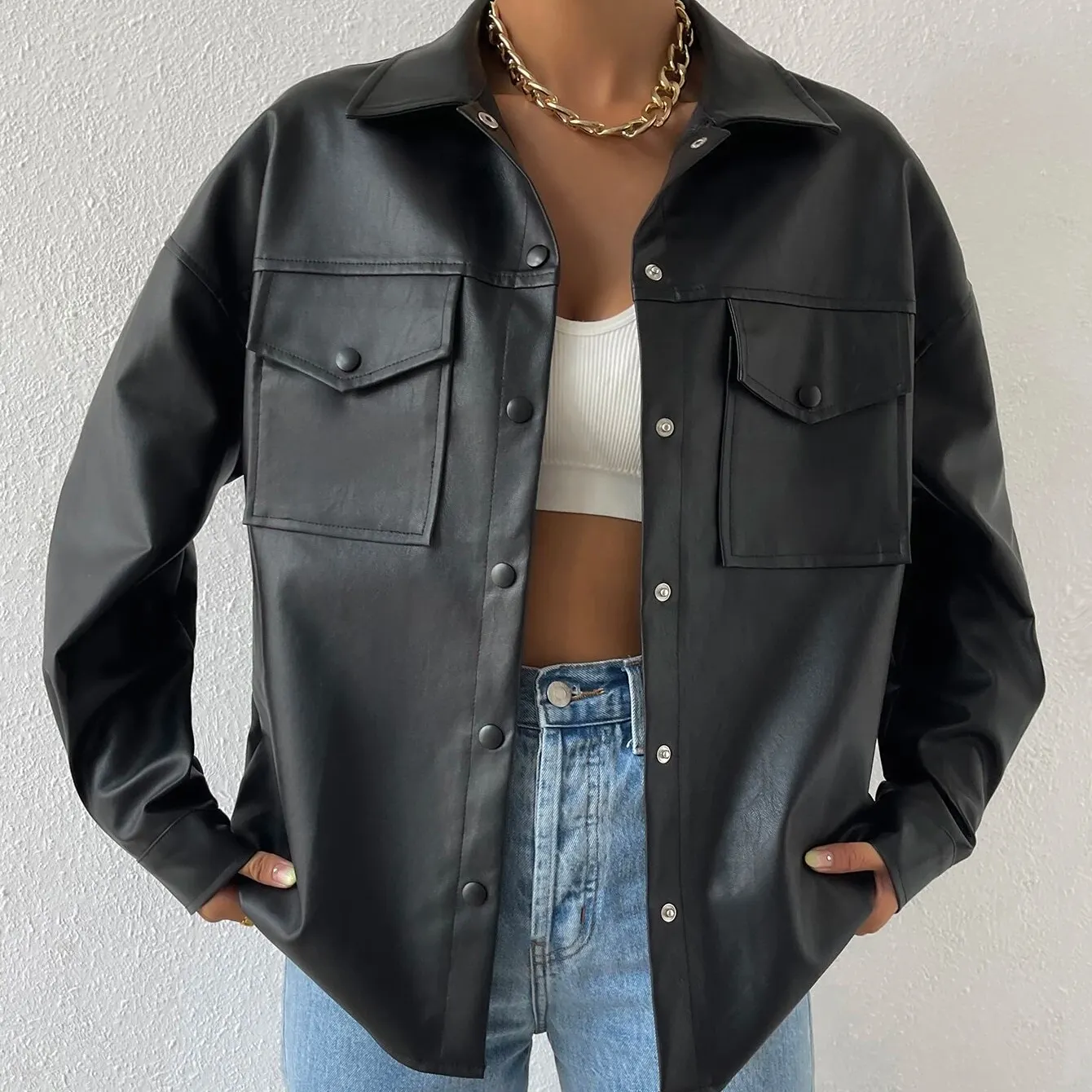 스트리트 스타일 여성의 패션 가죽 자켓 플랩 포켓 드롭 숄더 버튼 다운 블라우스 긴 소매 재킷