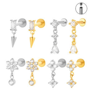 Piercing F136 en Titane Plaqué Or 18K, 0,9 mm, à Filetage Interne, pour Lèvre, Cartilage d'<span class=keywords><strong>Oreille</strong></span>, <span class=keywords><strong>Tragus</strong></span>, avec Pendentif Floral Pavé de Zircone Cubique, Cadeau - Product Image 1
