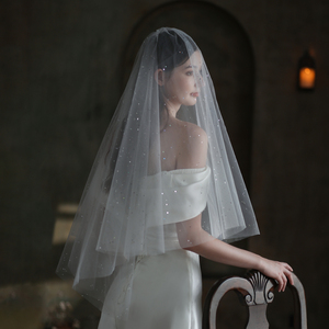 Voile de mariée élégant et scintillant à deux couches en tulle blanc avec décoration de sequins argentés, accessoire de mariage pour femme, voile de mariée doux - Product Image 1