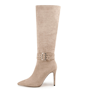Botas Largas de Tacón Alto y Fino de Gamuza Suave Talla Grande 47, Botas de Tacón de Aguja con Hebilla Metálica para Mujer, Botines Altos hasta la Rodilla - Product Image 1