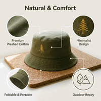 Topi Ember Katun Bordir Pohon Pinus Hijau Zaitun untuk Berkemah, Mendaki Gunung, Tema Alam, Topi Nelayan Unisex, Gaya Petualang