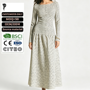 Women Solid Woven Maxi <b>Dress</b> O-Neck Long Sleeve A-Line Casual Breathable <b>Elastic</b> Waist Natural Full Length Spandex/Polyester - Product Image 1