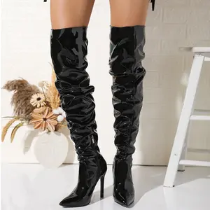 BUSY GIRL YX4431 nuevas botas largas de cuero negro tacones de aguja sobre la rodilla botas de mujer 2024 zapatos de moda botas altas hasta el muslo