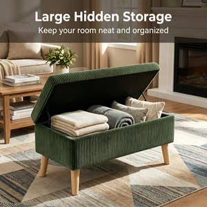 Panca contenitore in velluto a coste verde oliva, larga 32 pollici, con gambe in legno, coperchio ribaltabile e imbottitura morbida, per fondo letto - Product Image 2