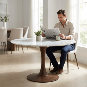 <span class=keywords><strong>Table</strong></span> de salle à manger moderne avec plateau rond en pierre frittée <span class=keywords><strong>blanche</strong></span> et base en bois massif en forme de <span class=keywords><strong>tulipe</strong></span> pour cuisine et appartement - Product Image 1