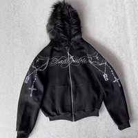 Sweat à capuche zippé surdimensionné et épais en fourrure, personnalisé OEM/ODM, pour hommes, avec patch brodé et strass, unisexe