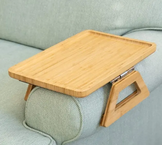 Fita de madeira de bambu design especial, fita de nylon anti-derrapante, bandeja para braço, sofá de mesa