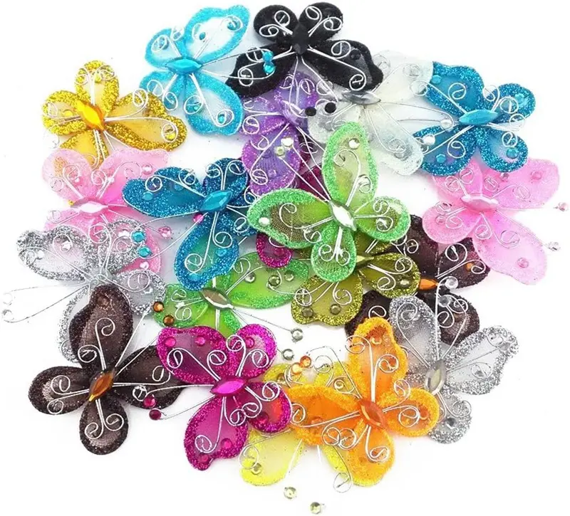 Tùy Chỉnh 100Pcs 2 Inch Organza Dây Bướm Thủ Công Nylon Long Lanh Bướm Organza Lưới Dây Bướm Trang Trí Đám Cưới