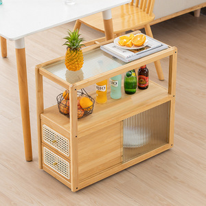 Sofa <b>Side</b> Cabinet <b>Glass</b> Top Wooden Storage With Drawers Living Room Furniture - Product Image 4