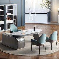 Bureau de direction moderne bleu de luxe avec chaise assortie, ensemble de bureau haut de gamme avec table incurvée pour PDG