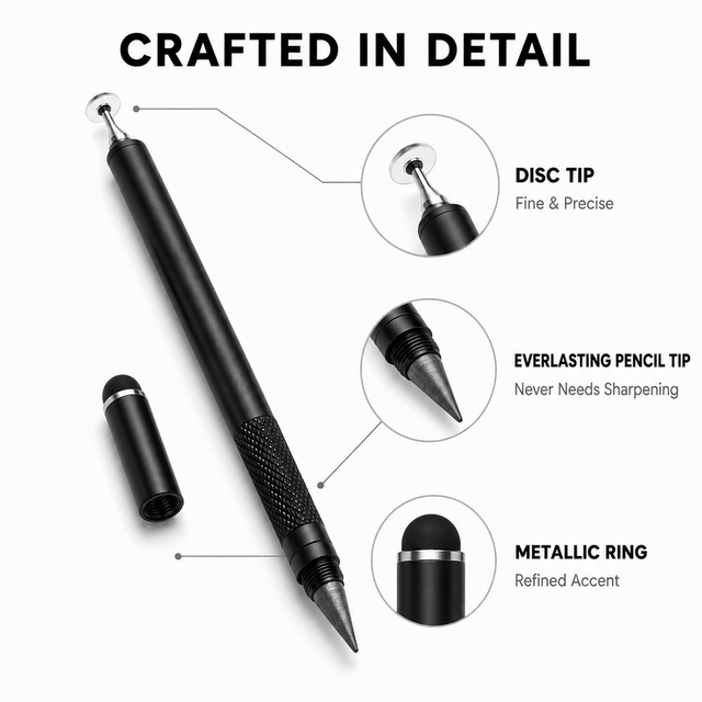 Wholesale Stylus Pen OEM ODM, 2 in 1 Universal Capacitive Stylus Disc and Pencil Tips, Matte Black, for Tablet and Phone