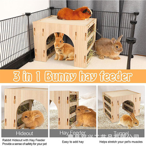 Wooden Rabbit Hutch With <b>Hay</b> <b>Feeder</b> And Tunnel For Small Pets Durable Mdf Easy To Clean - Product Image 2