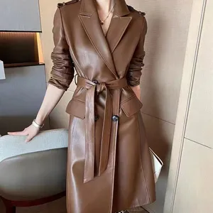 Office Lady Daily Casaco De Pele Sheepskin Leather Jacket Turn-Down Collar Coffee Long Leather Coat With Belt