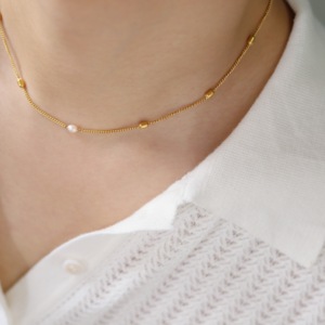 Collier unisexe plaqué or 18 carats avec perles baroques géométriques tendance, chaîne en acier inoxydable naturel à maillons, logo personnalisé, cadeau - Product Image 3