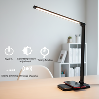 Lampe de bureau LED moderne, réglable, carrée, pour l'étude, protection des yeux, 5 niveaux de luminosité, lampe de table avec charge sans fil Qi pour les bureaux