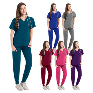 HZMNOI Women's V-Neck <b>Scrub</b> <b>Set</b> Short Sleeve Moisture Wicking Knitted Hospital Uniform Split <b>Set</b> For Medical Staff - Product Image 1