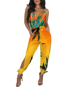 New peacock feather print sleeveless open sexy halter pocket strap V-neck jumpsuit for women