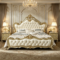 Lit double en chêne massif de style européen Haofeimei 1800x2000mm, lit de mariage, chambre principale, rembourré en cuir véritable, sculpté