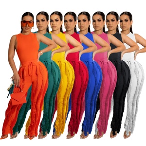 AL220 Ensemble deux pièces pour femmes avec ourlet à franges et haut court en dentelle sans manches et pantalon à jambes larges Tasse <span class=keywords><strong>Sexy</strong></span> Summer Beachwear Outfit 2 Peces Set - Product Image 2