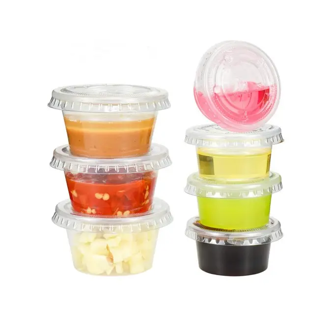 Mini recipientes de plástico desechables para condimentos, postres, salsas y ensaladas, con tapas