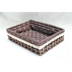 Country Style Fabric <b>Storage</b> <b>Tray</b> Set Rectangle Stackable Three Piece Brown Floral Pattern With Lace Trim - Product Image 3