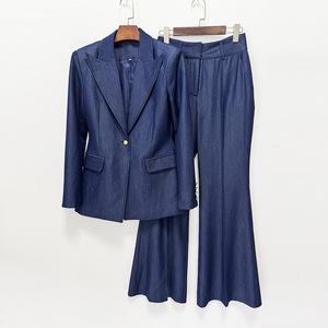 Completo da Donna Blu Scuro in Finto Denim, Blazer con Risvolto a Punta e Pantaloni a Zampa, Set Due Pezzi per Ufficio e Casual - Product Image 3