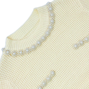 Maglione da donna girocollo in maglia a tinta unita con perline, motivo scozzese, a maniche lunghe, caldo e confortevole - Product Image 3