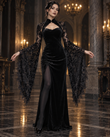 Gaun Midi Bodycon Beludru Gothic Wanita, Potongan Regular, Kerah Tinggi, Lengan Lonceng Berenda, Belahan Samping, Pesta Halloween, Grosir