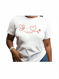 T-Shirt da Donna per San Valentino con Collo Tondo, Stampa Cuore e Farfalla, Stile Romantico Casual, Manica Corta, 100% Cotone Jersey - Product Image 1